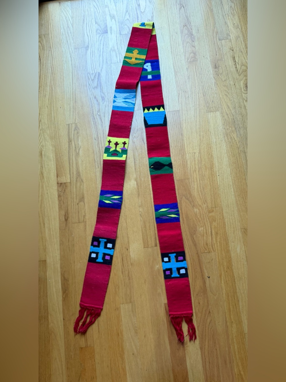 Handwoven Clergy Stole Cotton red Vestment Guatemalan . Size 104” x 3.5” plus 4”